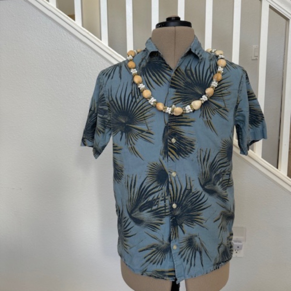 Blue and Gold Palm Fronds Aloha Shirt Small